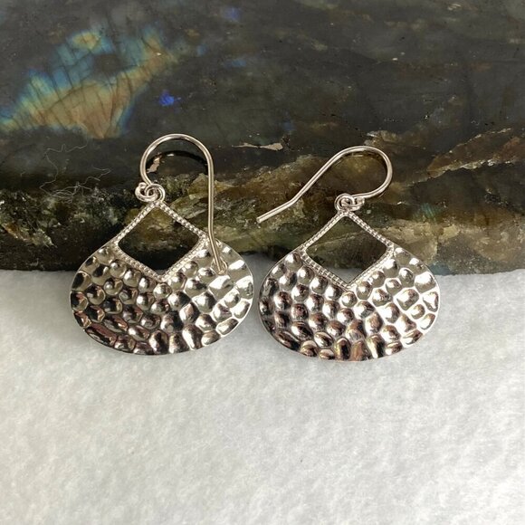 Sterling Silver 925 Teardrop Disc Hammered Dangle Drop Earrings - Picture 3 of 16